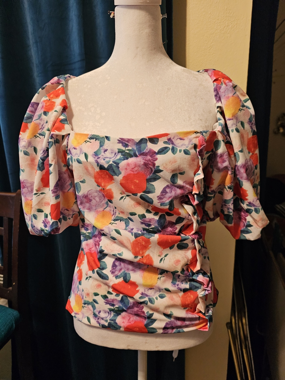 Floral Puff Sleeve Square Neck Top - Pink Multi